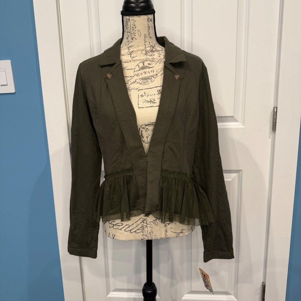 Mudd Olive Green Peplum‎ Ruffle Mesh Hem Blazer Jacket NWT Size XL